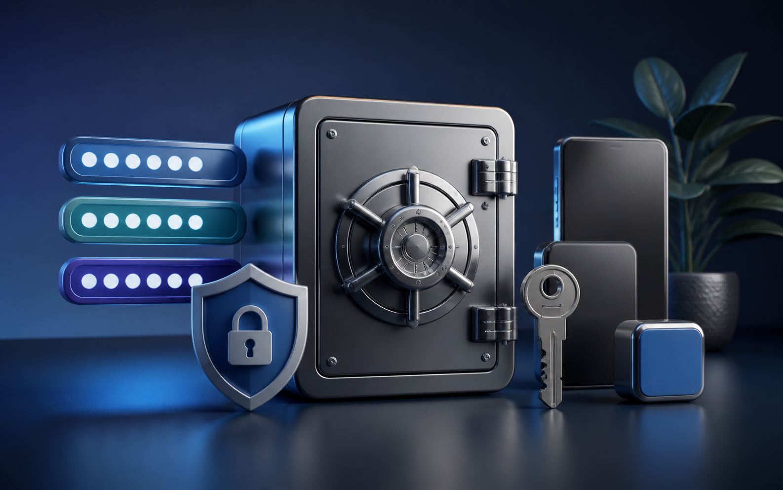 A secure vault with a shield, key, and password dots